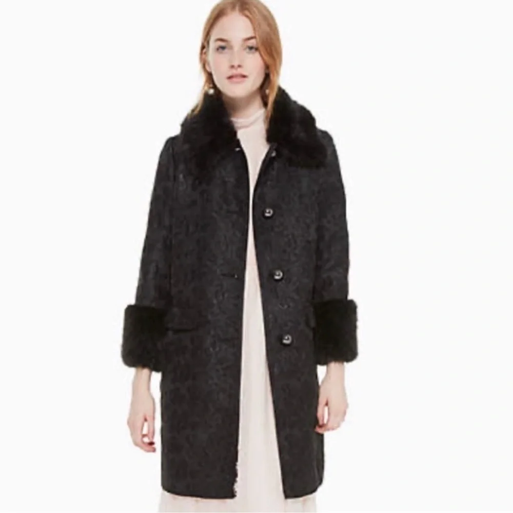 Kate Spade Black Metallic Jacquard Faux Fur Trim Coat Size 0